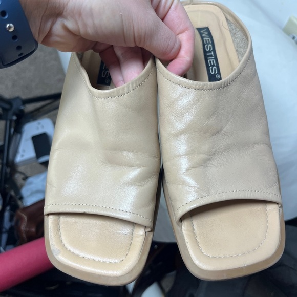 Westies Vintage Tan Square Toe Leather Chunky Heeled Mules size 7.5 - Picture 8 of 12